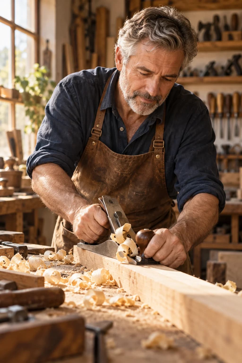 Carpenter working by hand in a sunlit workshop
